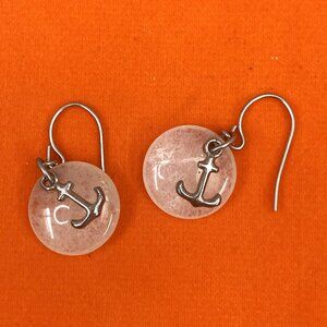 Small Cracked Faux Opal Glass Circle Silver Anchor Dangle Earrings